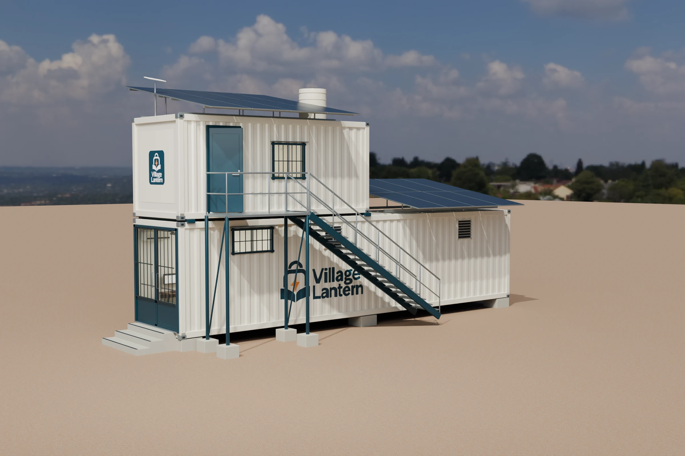 Design visualization of a Lantern: a white container classroom with a smaller container home stacked above it, solar panels on both roofs and an external stair