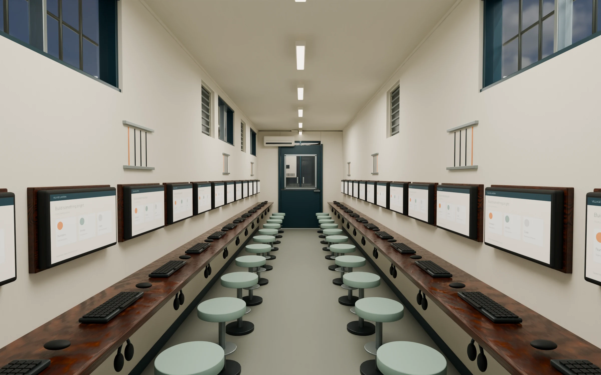 Design visualization of the classroom inside: two rows of learning stations along the walls, each with a screen, keyboard and stool